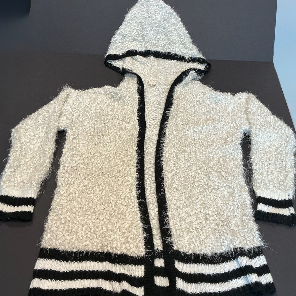 Hem & Thread Textured Hooded Cardigan Cream Black Striped Trim Size M - Picture 2 of 9